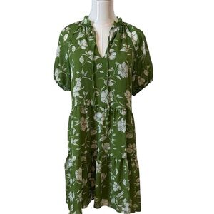 Lark + Grey  Green and Ivory Floral Tiered Ruffle Dress Size S